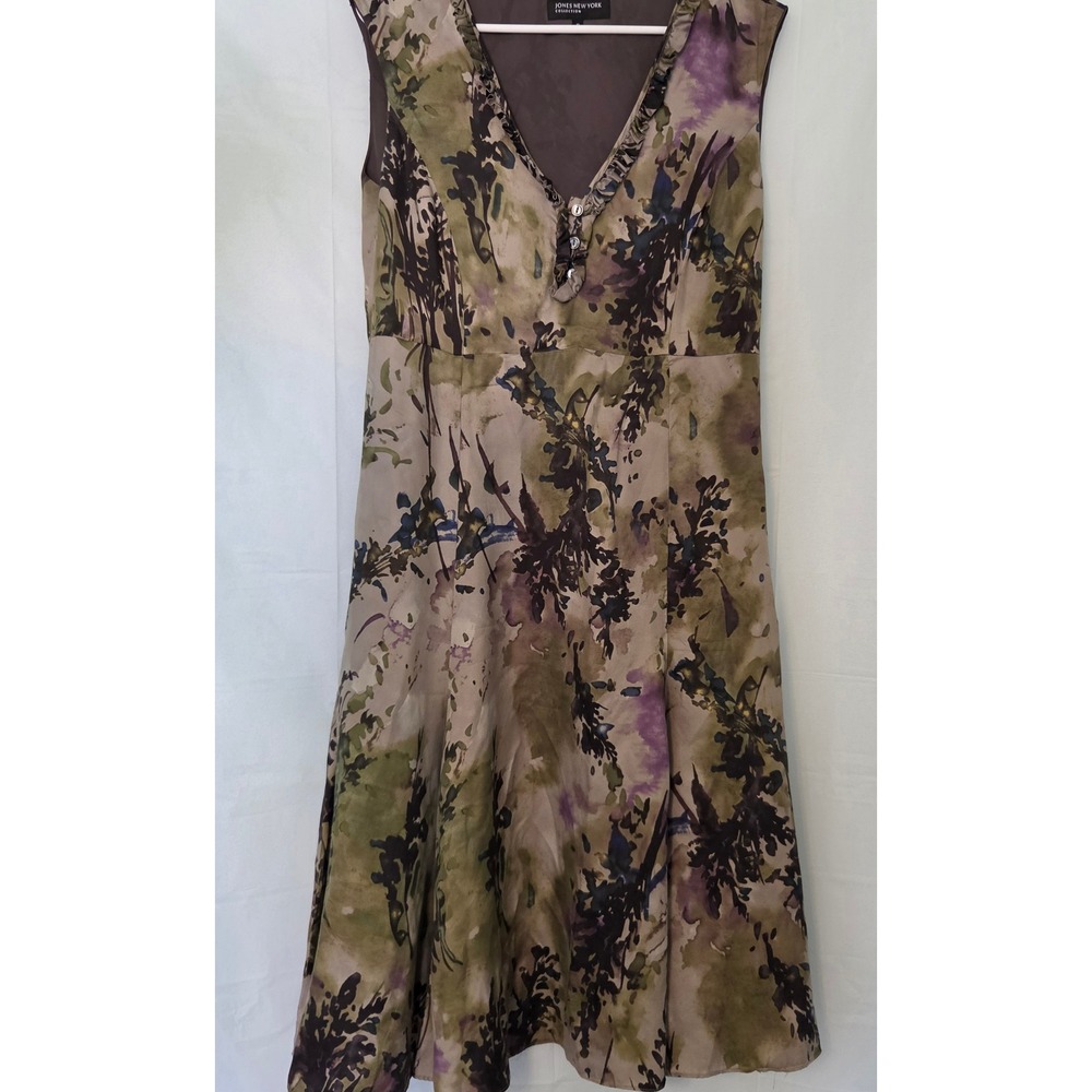 Jones New York Collection Silk Blend Floral V-Neck Midi Dress Green Purple Sz 12